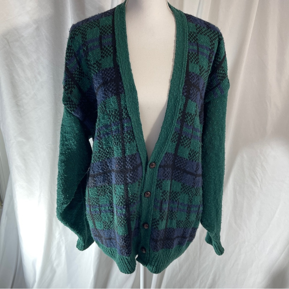 Vintage Lake Harmony USA 80's Grandpacore Cardigan - XL-100% Cotton Green Plaid